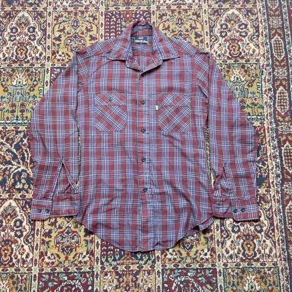 VTG 70s Levis Movin On White tab button up plaid dagger collar shirt S USA red - Picture 1 of 4